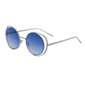 Fashionable round hollow silver metal frame sunglasses with gradient blue lenses