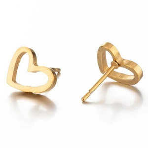 Golden heart-shaped stainless steel stud earrings with minimalist hollow design