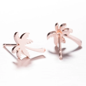 Elegant rose gold stainless steel palm tree stud earrings with polished metallic finish