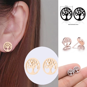 Hollow tree of life stainless steel stud earrings in silver, gold, and black colors