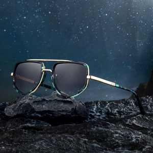 Men's retro square polarized sunglasses with gold metal double bridge on black rock