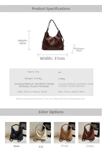 Detailed size specifications and four color variants of the vintage PU leather tote backpack