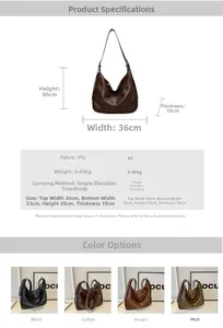 Detailed chart showing 36x30x10cm dimensions and four color options for large Hobo bag