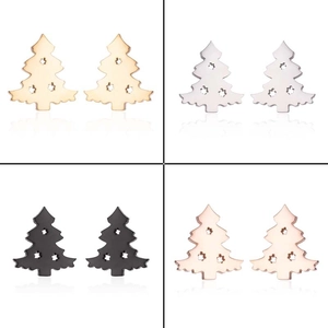 Detail view of four pairs of stainless steel Christmas tree stud earrings in assorted metallic finishes
