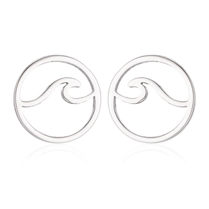 Detailed view of silver wave hollow round stud earrings with polished finish on white base