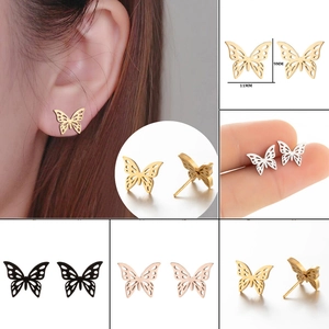 Detailed size view of butterfly stud earrings in gold, silver, black, and rose gold