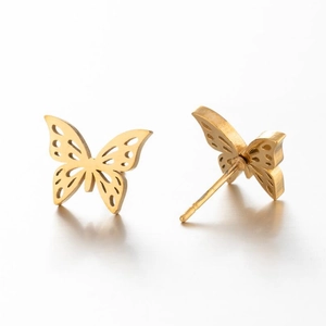 Polished gold butterfly stud earrings with cutout design in durable stainless steel