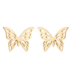 Detail shot of hollow butterfly earrings in polished gold-plated stainless steel