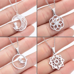Hollow Pendant Necklace Stainless Steel Moon Cat Bird Geometric Flower Minimalist Fashion Jewelry For Women