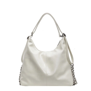 Cream white faux crocodile texture tote bag with stylish metal chain and wide strap