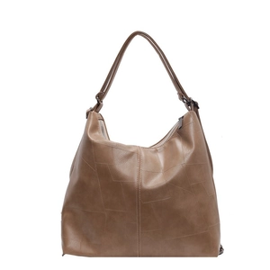 Brown vintage faux leather tote bag with geometric stitching and large capacity design