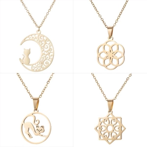 Golden geometric hollow pendant necklace set with moon cat and floral laser cut designs