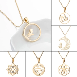 Golden geometric hollow pendant necklace collection with moon cat and bird designs