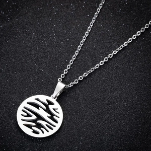 Close-up of a silver stainless steel round pendant with hollow moon cat petal design