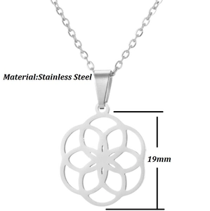 Detail showing laser cut stainless steel flower pendant with 19mm diameter size tag