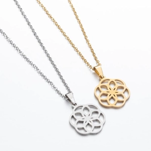 Detail of hollow geometric flower pendants in gold and silver stainless steel