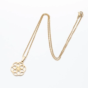 Gold stainless steel necklace with hollow mandala petal pendant on a thin link chain