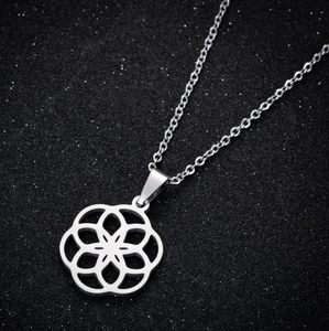 Polished stainless steel necklace featuring a hollow flower petal moon cat pendant charm