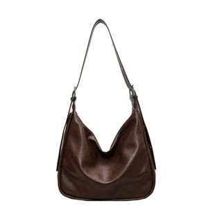 Large dark brown PU leather hobo bucket bag with adjustable strap for women in 2024