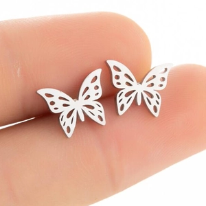 Polished silver hollow butterfly stud earrings in minimalist stainless steel design