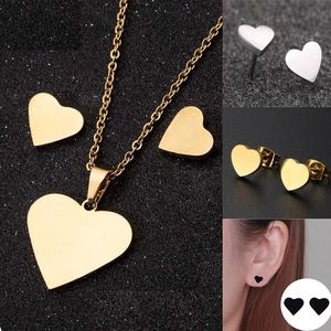 Collier Et Boucles D'oreilles Coeur Acier Inoxydable Pendentif Poli Bijoux Minimalistes Pour Femmes Filles Style Simple Elégant