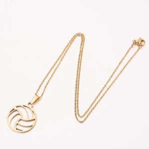 Golden volleyball pendant necklace in stainless steel with hollow round sports design