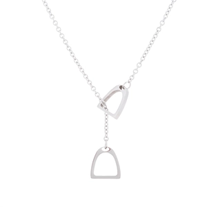 Detailed view of silver Y-shaped horseshoe pendant necklace with stirrup accents