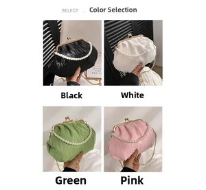 Detail of four colorful lace handbags with pearl handles and golden chain straps