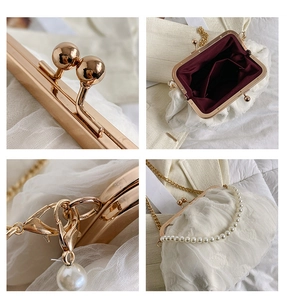 Detailed views of lace handbag showing metal clasp, burgundy lining and pearl handle