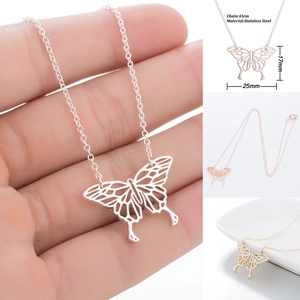 Detailed views of hollow butterfly necklace in stainless steel with 45cm chain