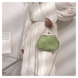 Detail of light green pleated lace bag featuring a pearl handle and gold chain strap