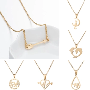 Detailed set of six gold stainless steel necklaces featuring moon and heart pendants