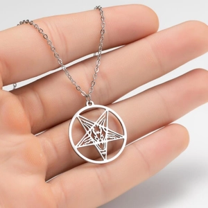 Detailed view of stainless steel Baphomet pendant necklace with goat head pentagram