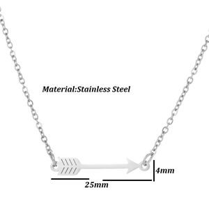 Detailed view of a silver stainless steel arrow pendant with size 25mm x 4mm dimensions