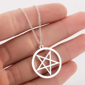 Silver stainless steel necklace with a hollow circular star pendant on a fine link chain