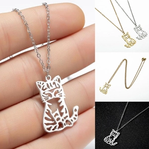 Hollow Cat Pendant Necklace Stainless Steel Minimalist Korean Style Animal Jewelry For Women
