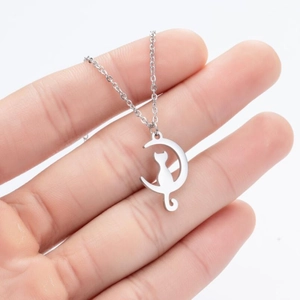 Minimalist silver moon and cat pendant necklace with delicate cable chain for women