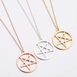 Three-color minimalist stainless steel necklaces with hollow star pendants in a circle