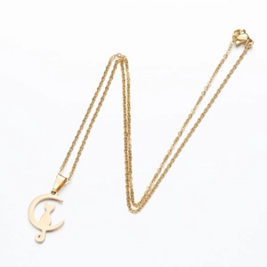 Minimalist gold stainless steel necklace featuring a moon and cat silhouette pendant