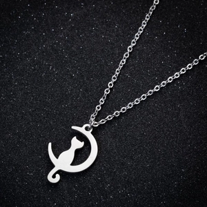 Minimalist stainless steel moon cat pendant necklace shown on a starry night background