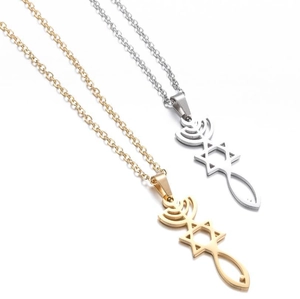 Religious stainless steel necklace with hexagon Menorah and Star of David pendant