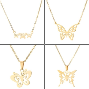 Detail of four butterfly pendant necklaces in gold-plated stainless steel on white back