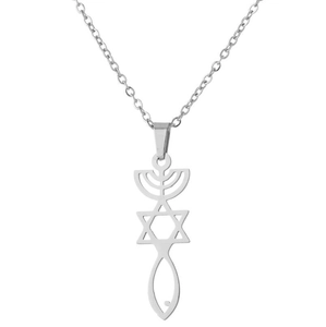 Polished stainless steel Messianic Seal of Jerusalem pendant necklace on white background