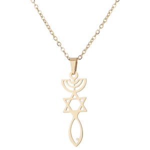 Gold stainless steel Messianic Seal necklace featuring Menorah and Star of David pendant
