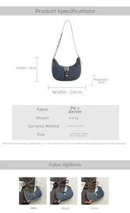 Detailed size chart and specifications for the denim baguette crescent shoulder bag