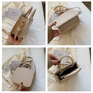 Detailed views of a cream structured crossbody bag showing hardware and interior compartments