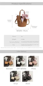 Detailed sizing chart and multicolor display of the elegant mini PU bucket bag for women