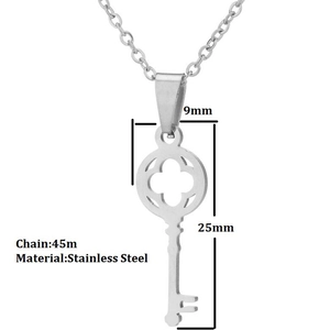Minimalist stainless steel clover key necklace with dimensions on a white background