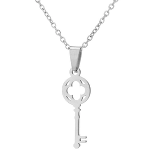Detail shot of silver key pendant with hollow quadrifoil design and o-chain necklace