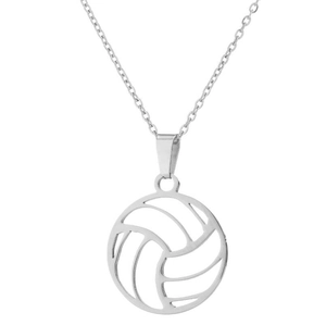 Detailed view of volleyball pendant necklace with hollowed-out texture on link chain